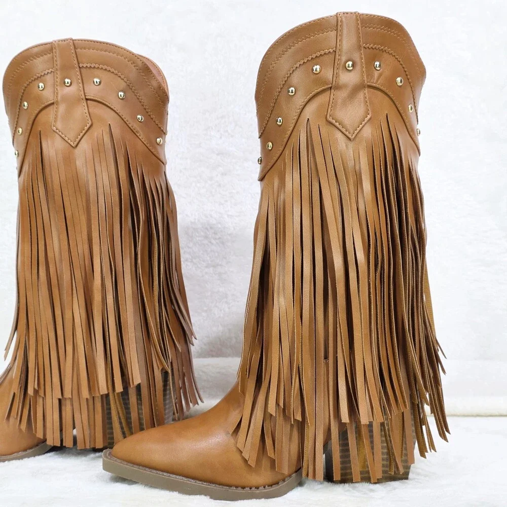 NIB Boundary Tan Faux Leather Layered Fringe Country Western Cowgirl Boots - Picture 2 of 8
